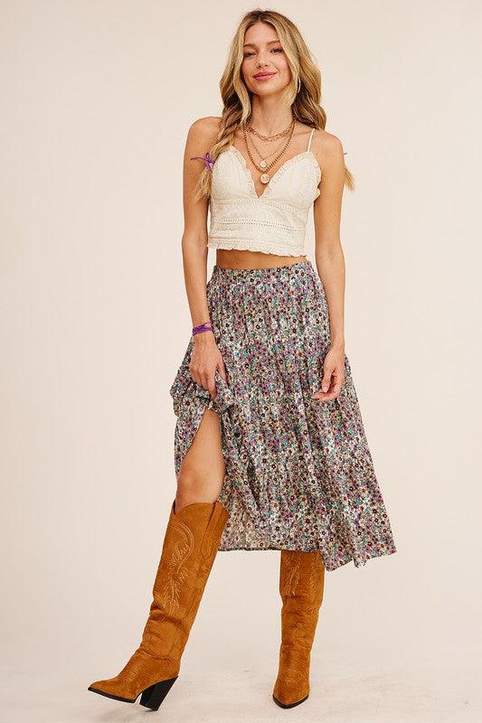 Floral Printed Tiered Midi Skirt - Random Hippie