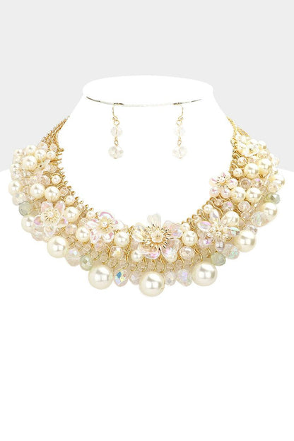 Flower Accented Pearl Bicone Beaded Necklace - Random Hippie