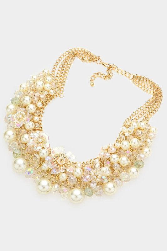 Flower Accented Pearl Bicone Beaded Necklace - Random Hippie