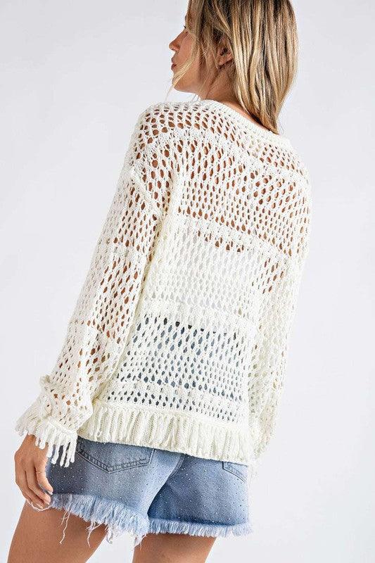 Fringed Open Knit Sweater - Random Hippie