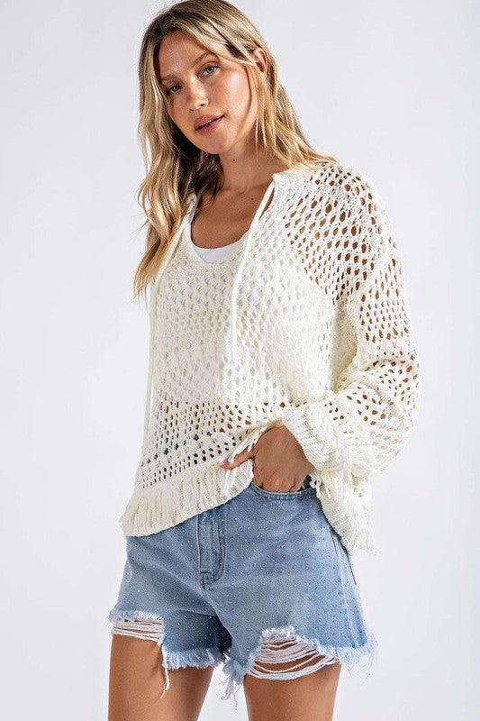 Fringed Open Knit Sweater - Random Hippie