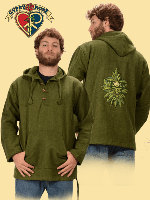 Green Man Hand Embroidered Heavy Cotton Hoodie - Random Hippie