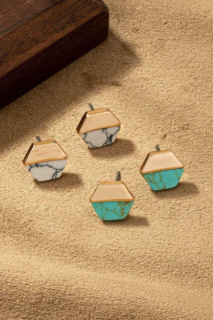 Hexagon Metal and Stone Stud Earrings - Random Hippie