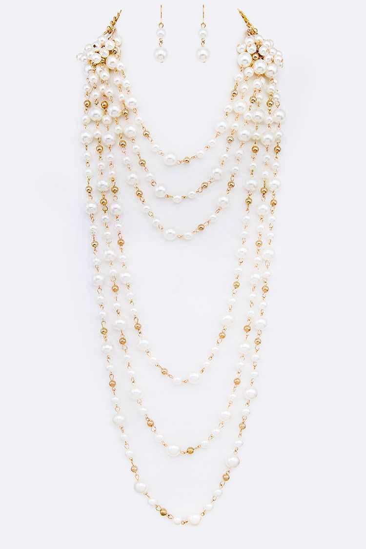 Layered Pearl Station Necklace Set.