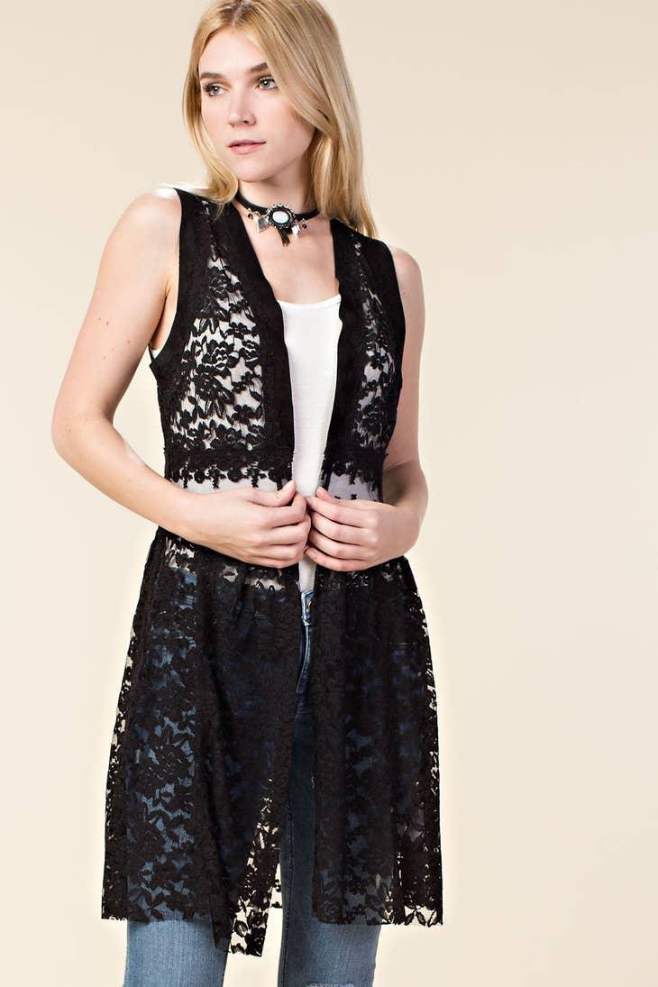 Long Lace Vest with Suede Details - Random Hippie