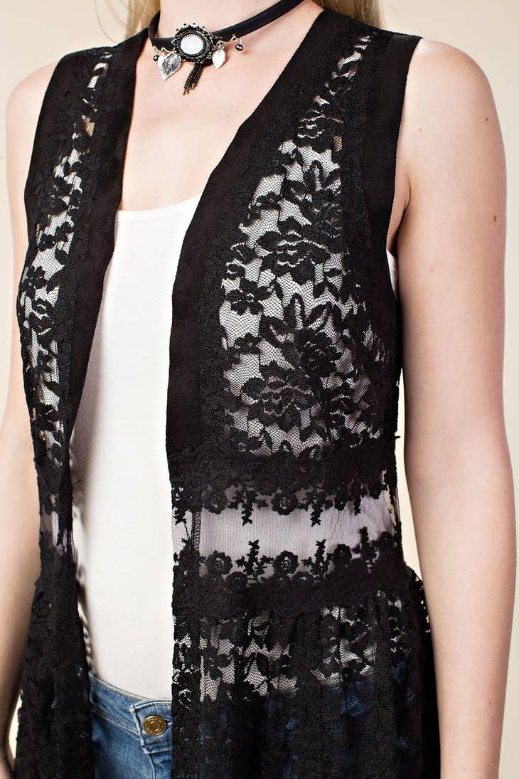 Long Lace Vest with Suede Details - Random Hippie