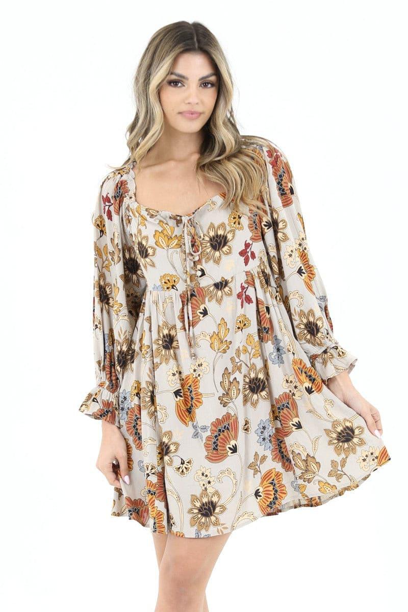 Long Sleeve Fall Floral Babydoll Mini Dress - Random Hippie