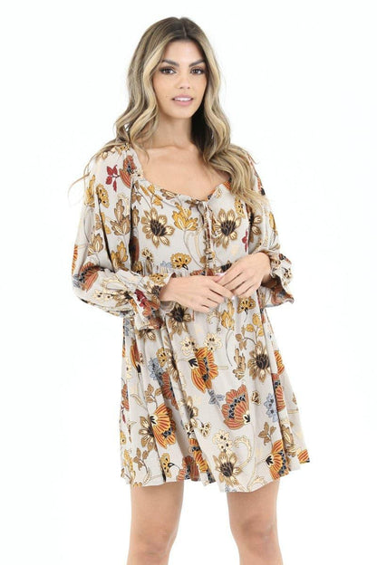 Long Sleeve Fall Floral Babydoll Mini Dress - Random Hippie