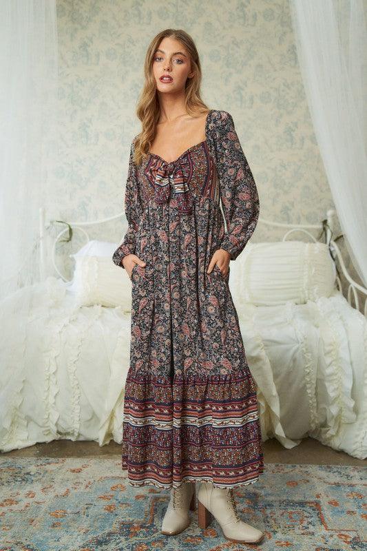 Long Sleeve Floral Print Maxi Dress - Random Hippie