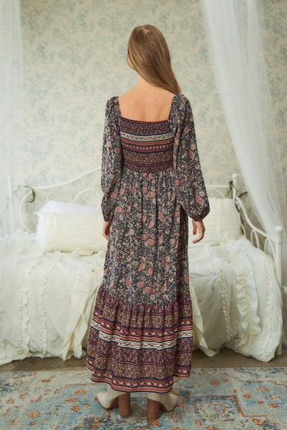 Long Sleeve Floral Print Maxi Dress - Random Hippie