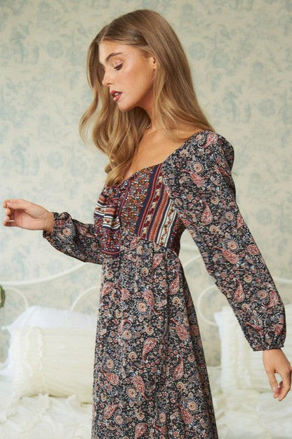 Long Sleeve Floral Print Maxi Dress - Random Hippie