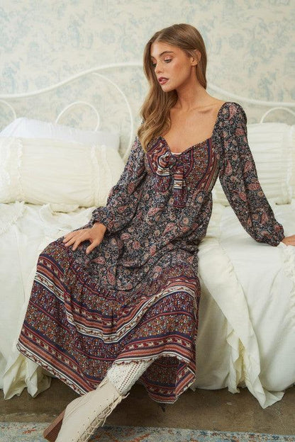 Long Sleeve Floral Print Maxi Dress - Random Hippie