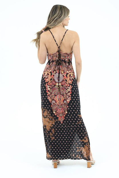 F4182-W702 MAXI DRESS WITH LACE UP BACK DETAIL AND SIDE SLIT: L - Random Hippie