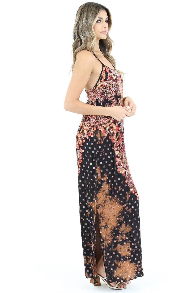 F4182-W702 MAXI DRESS WITH LACE UP BACK DETAIL AND SIDE SLIT: L - Random Hippie