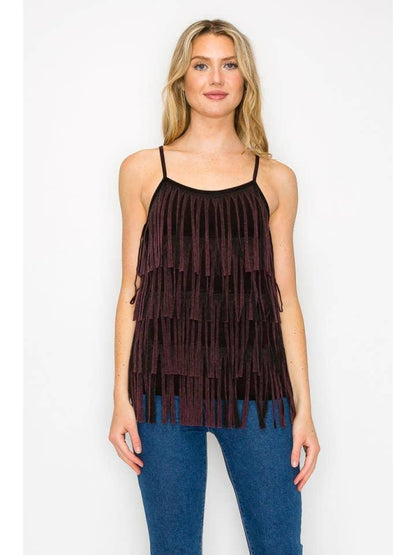 Mineral Wash Fringe Detail Spaghetti Strap Tank Top - Random Hippie