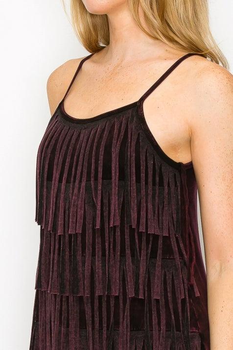 Mineral Wash Fringe Detail Spaghetti Strap Tank Top - Random Hippie