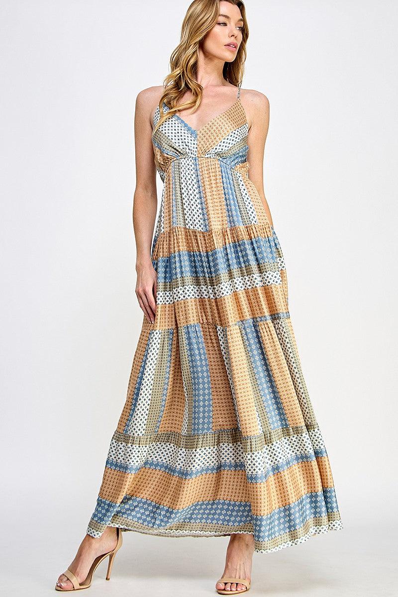 Mixed Print Multi-Color Tiered Maxi Dress - Random Hippie