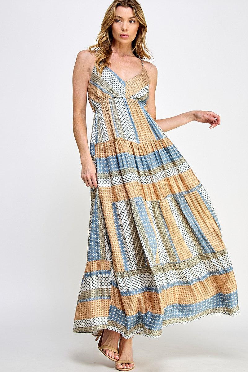 Mixed Print Multi-Color Tiered Maxi Dress - Random Hippie