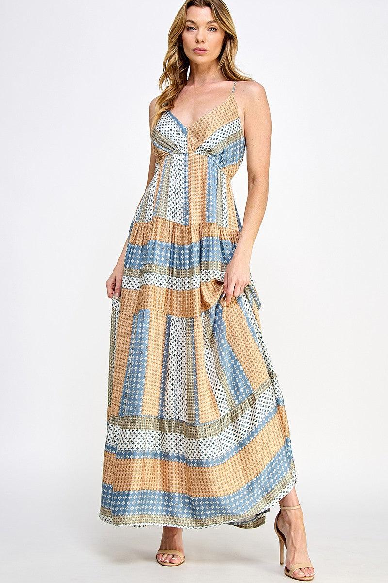 Mixed Print Multi-Color Tiered Maxi Dress - Random Hippie