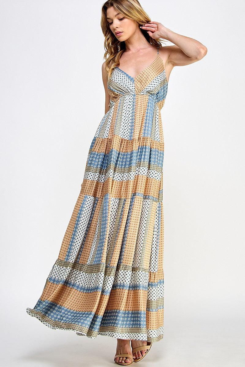 Mixed Print Multi-Color Tiered Maxi Dress - Random Hippie