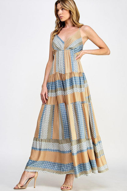 Mixed Print Multi-Color Tiered Maxi Dress - Random Hippie