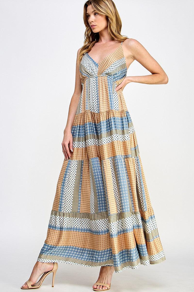 Mixed Print Multi-Color Tiered Maxi Dress - Random Hippie