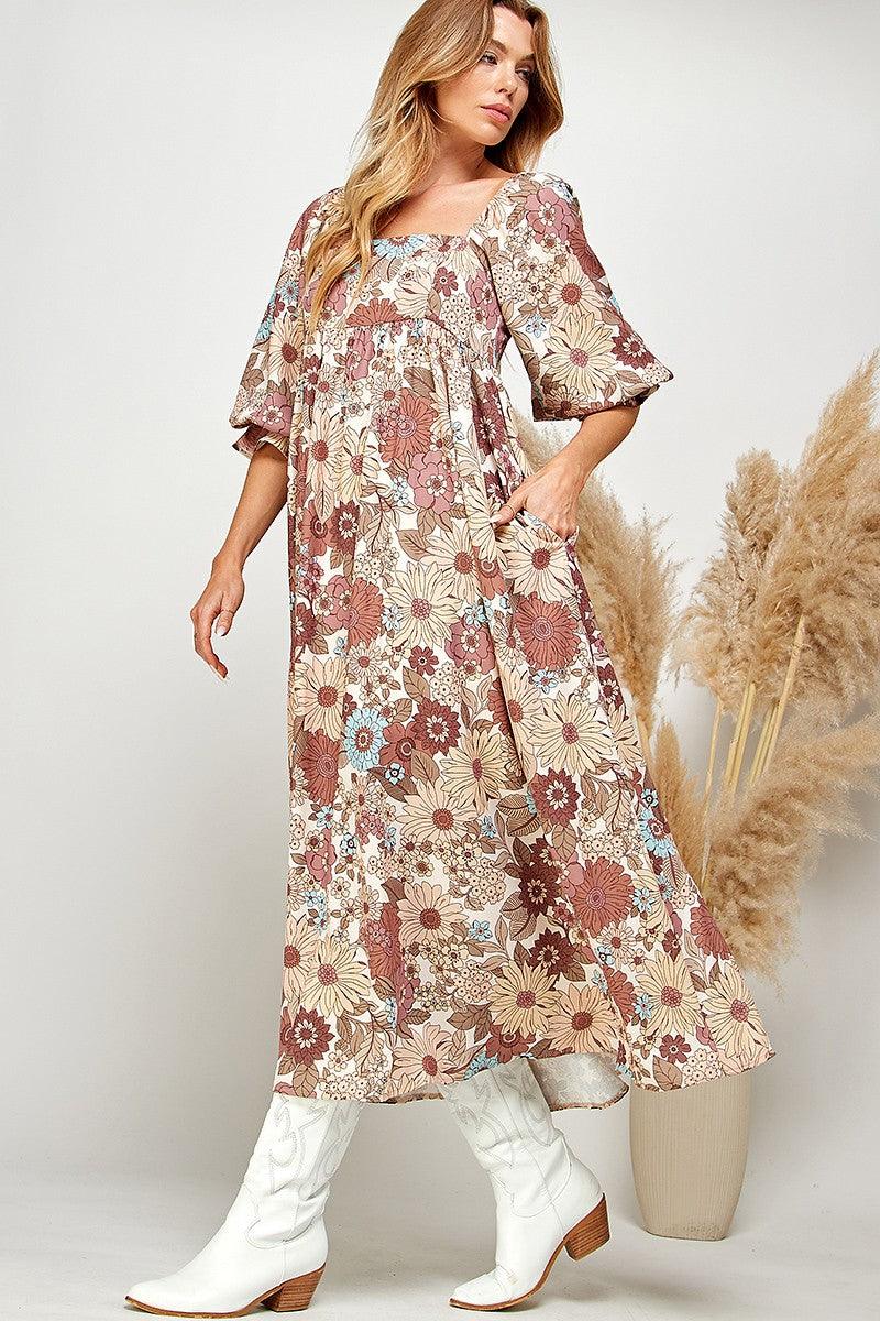 Multi-Color Floral Puff Sleeve Babydoll Dress - Random Hippie