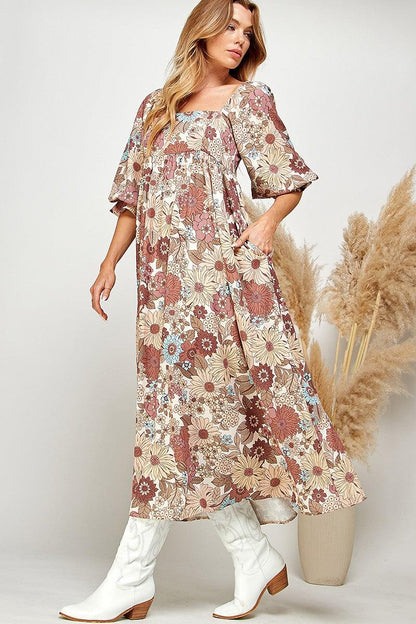 Multi-Color Floral Puff Sleeve Babydoll Dress - Random Hippie