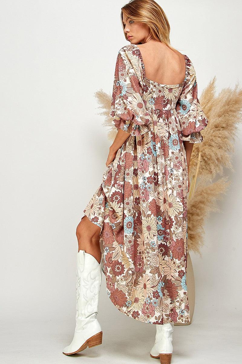 Multi-Color Floral Puff Sleeve Babydoll Dress - Random Hippie
