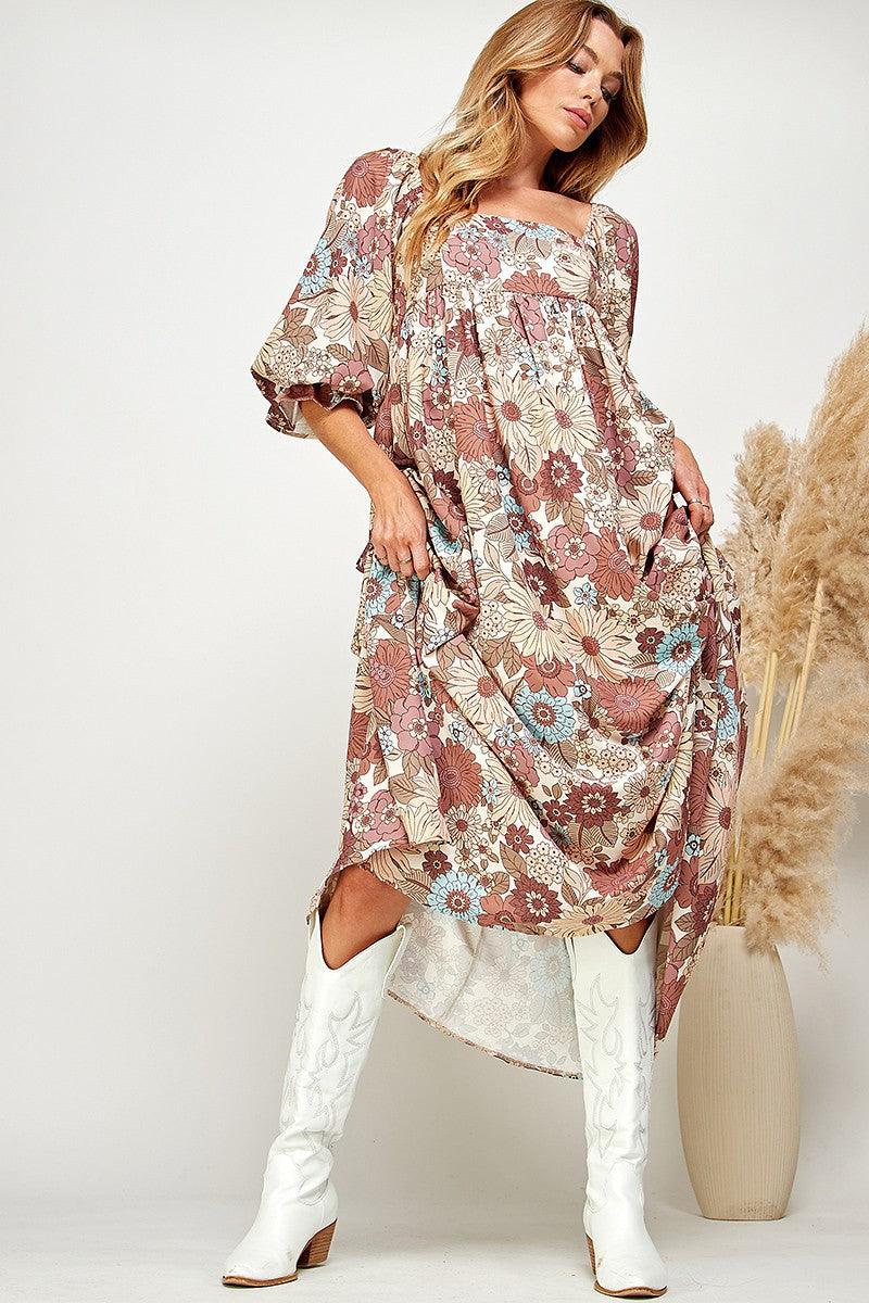Multi-Color Floral Puff Sleeve Babydoll Dress - Random Hippie