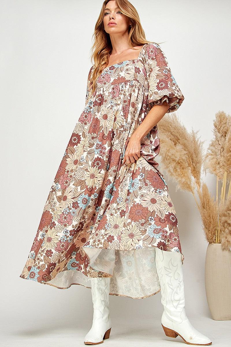 Multi-Color Floral Puff Sleeve Babydoll Dress - Random Hippie