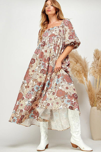 Multi-Color Floral Puff Sleeve Babydoll Dress - Random Hippie