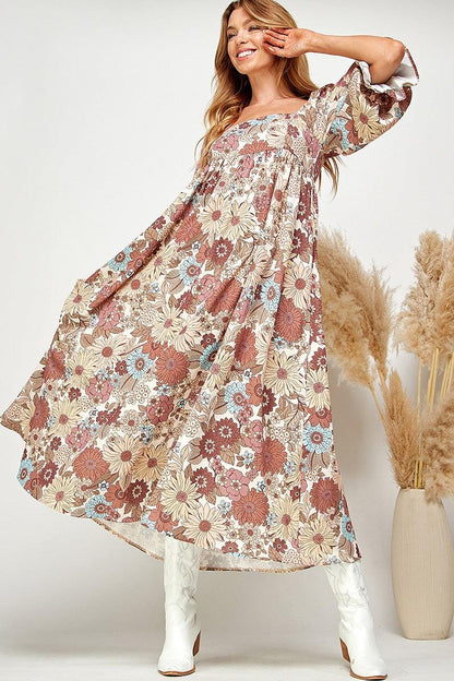 Multi-Color Floral Puff Sleeve Babydoll Dress - Random Hippie