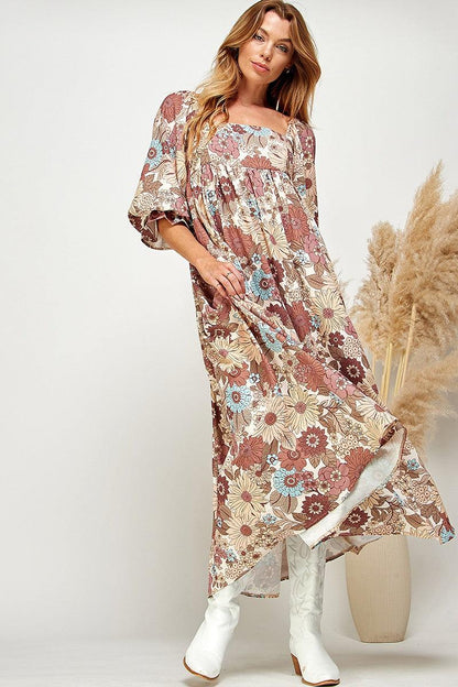 Multi-Color Floral Puff Sleeve Babydoll Dress - Random Hippie