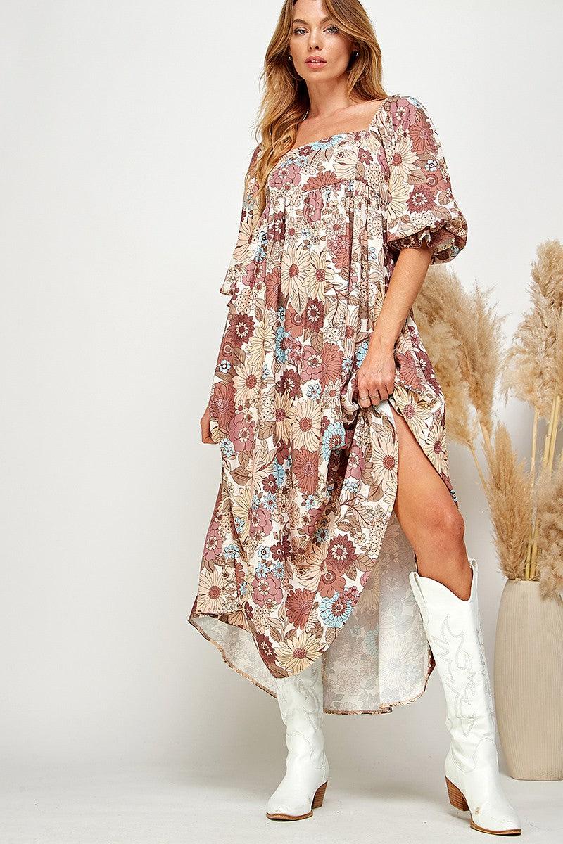 Multi-Color Floral Puff Sleeve Babydoll Dress - Random Hippie