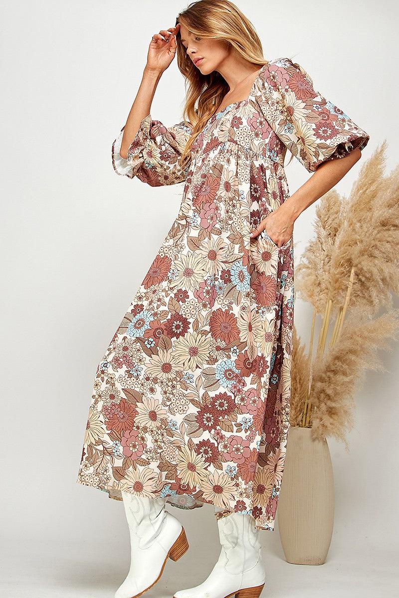 Multi-Color Floral Puff Sleeve Babydoll Dress - Random Hippie