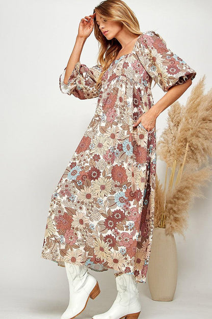Multi-Color Floral Puff Sleeve Babydoll Dress - Random Hippie