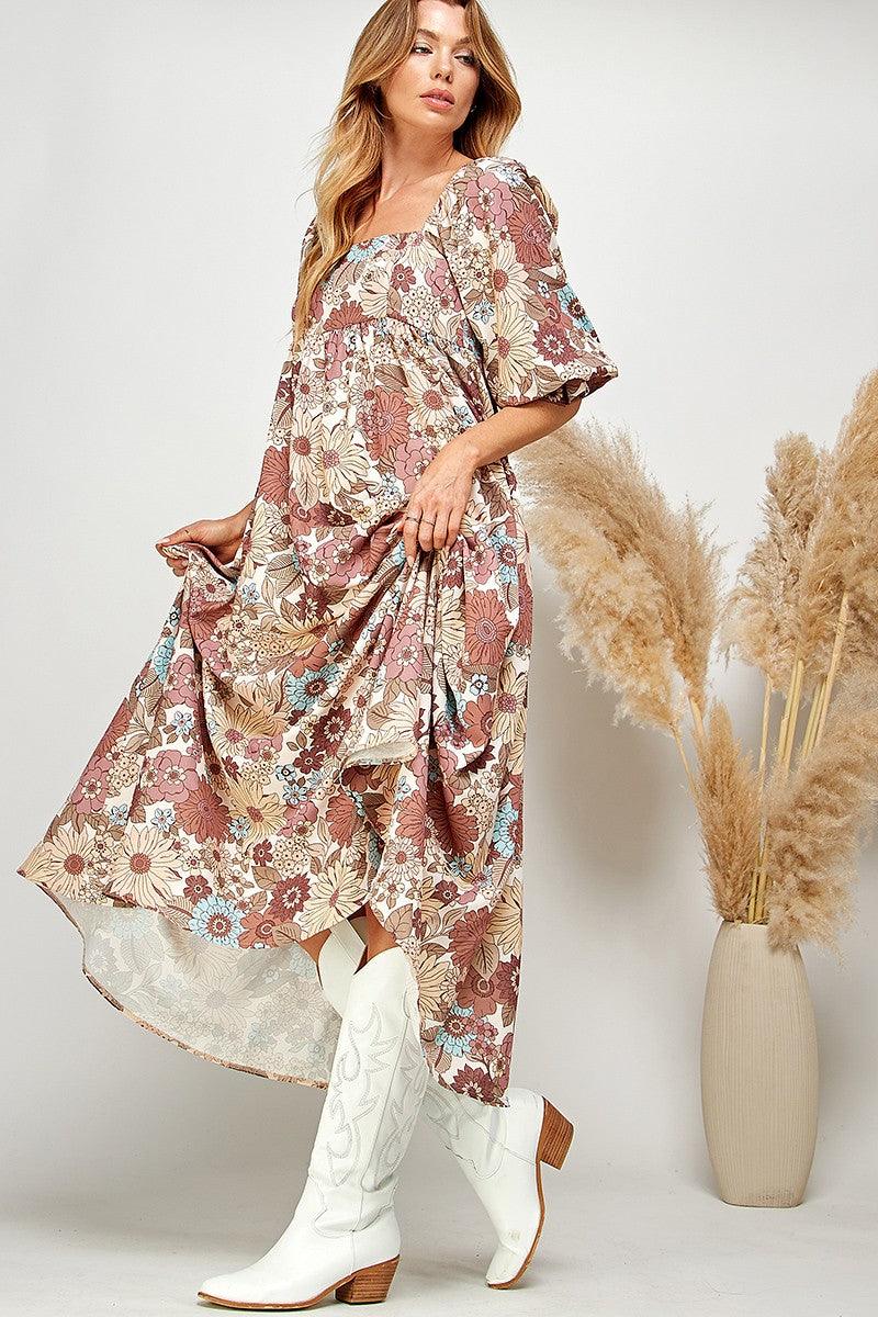Multi-Color Floral Puff Sleeve Babydoll Dress - Random Hippie