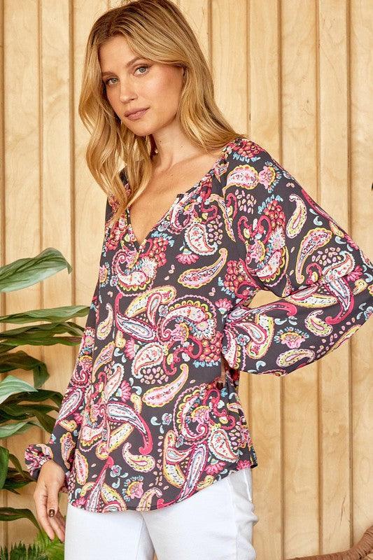 Paisley Print Balloon Sleeve Blouse - Random Hippie