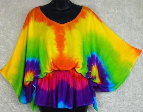 spiral rainbow tie-dye loose fit top with butterfly sleeves