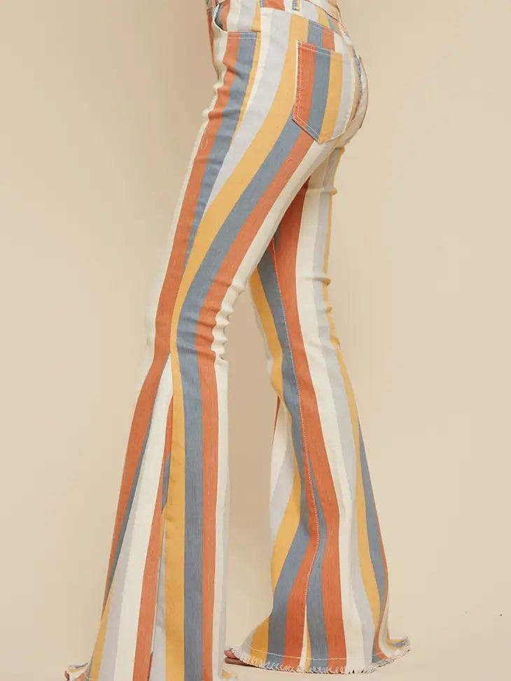 CARAMEL MULTI STRIPED FLARED BOTTOMS - Random Hippie