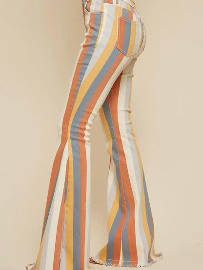 CARAMEL MULTI STRIPED FLARED BOTTOMS - Random Hippie