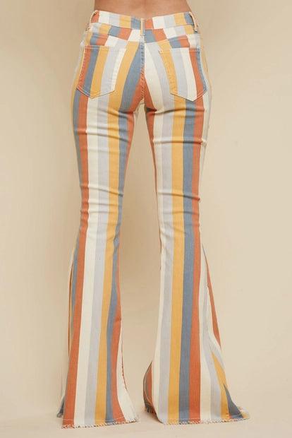 CARAMEL MULTI STRIPED FLARED BOTTOMS - Random Hippie