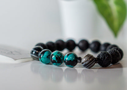 Turquoise Stone + Banded Black Agate + Lava Stone Bracelet B040 - Random Hippie