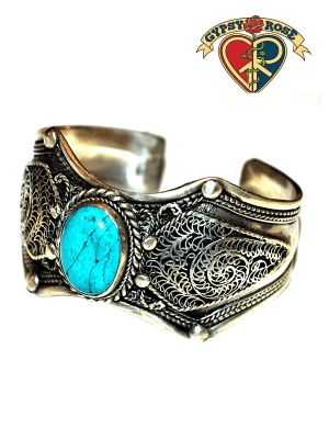 Turquoise Stone Filigree Metal Wrist Cuff Bracelet - Random Hippie