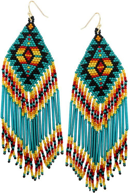 Western Aztec Seed Bead Fringe Earrings - Random Hippie