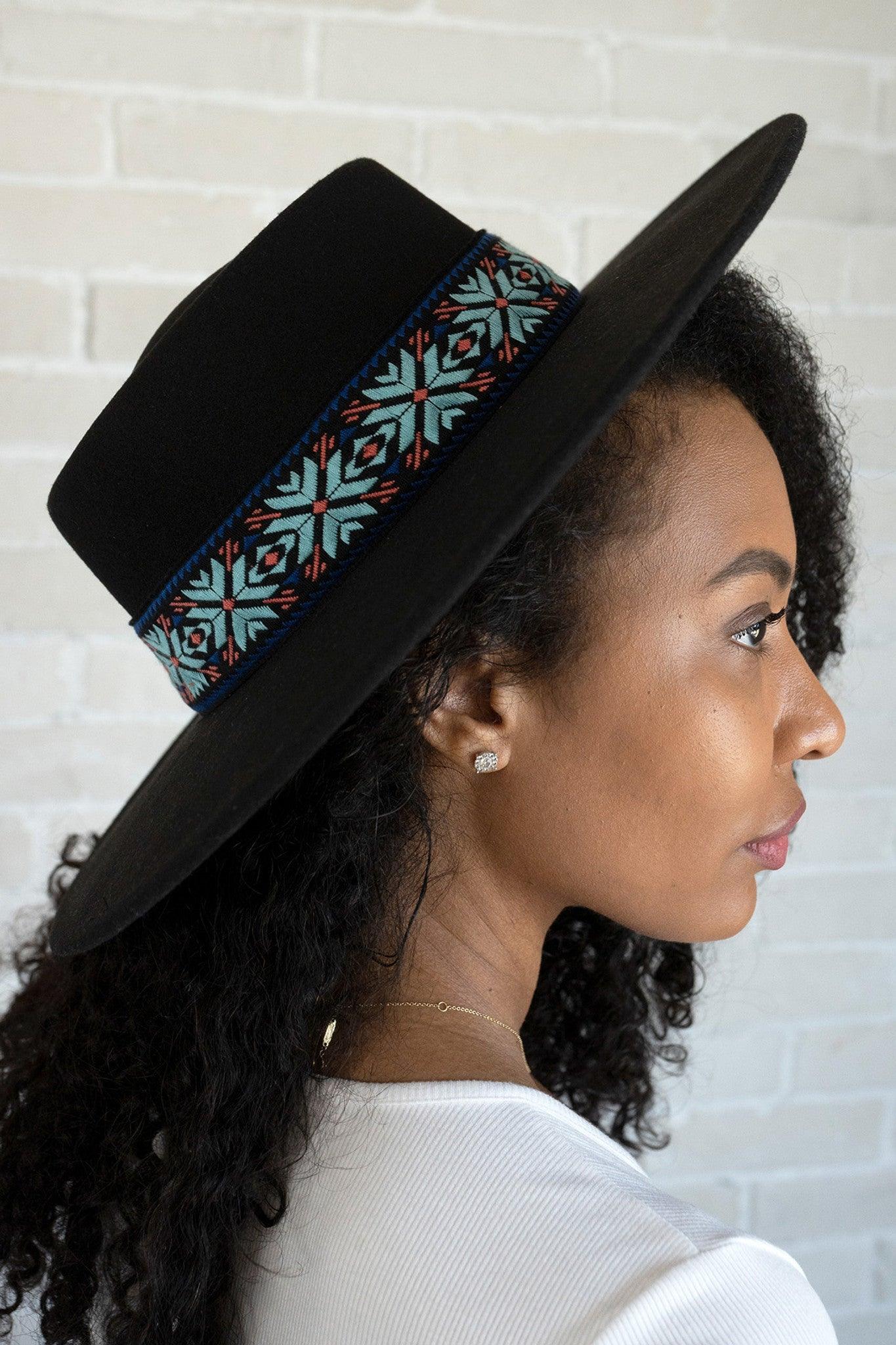 Wide Brim Fedora with Aztec Pattern Band - Random Hippie