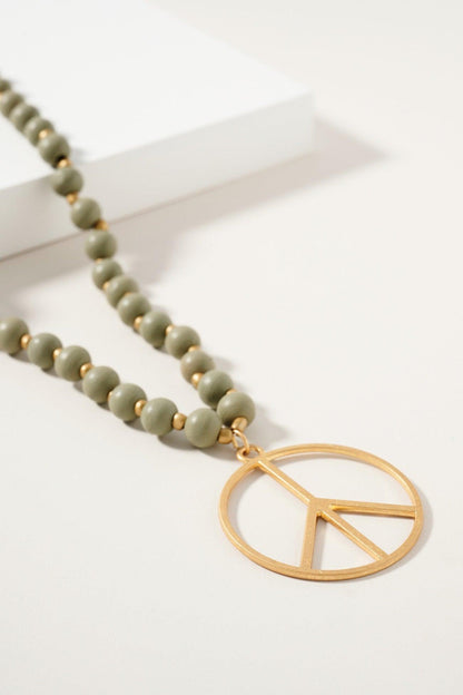 Wood Beaded Peace Pendant Necklace - Random Hippie