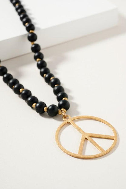 Wood Beaded Peace Pendant Necklace - Random Hippie