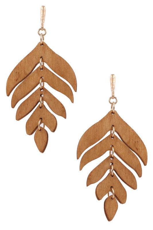 Wood Leaf Drop Earrings - Random Hippie